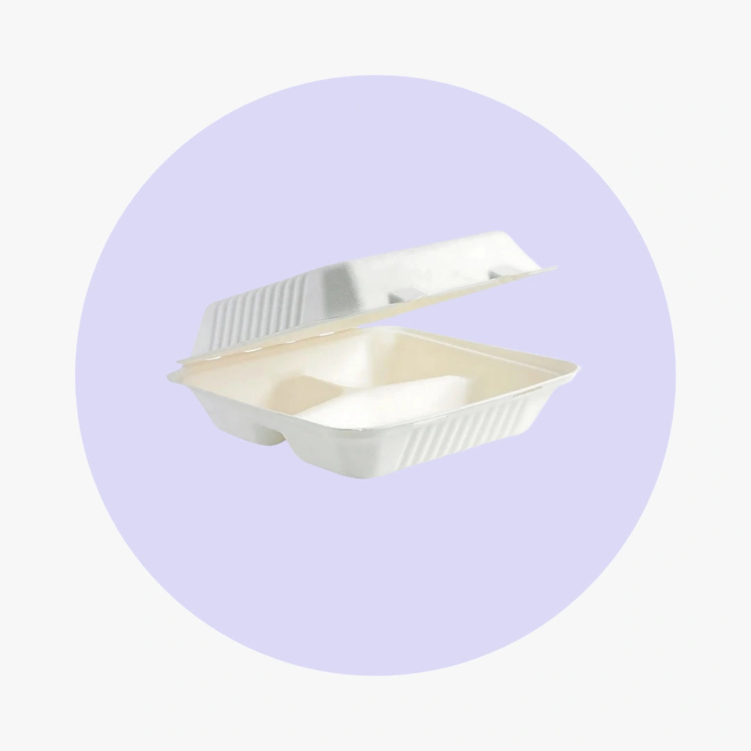 9" x 9" x 3" No PFAS Added Natural Bagasse Blend Take-Out Container Three Compartment