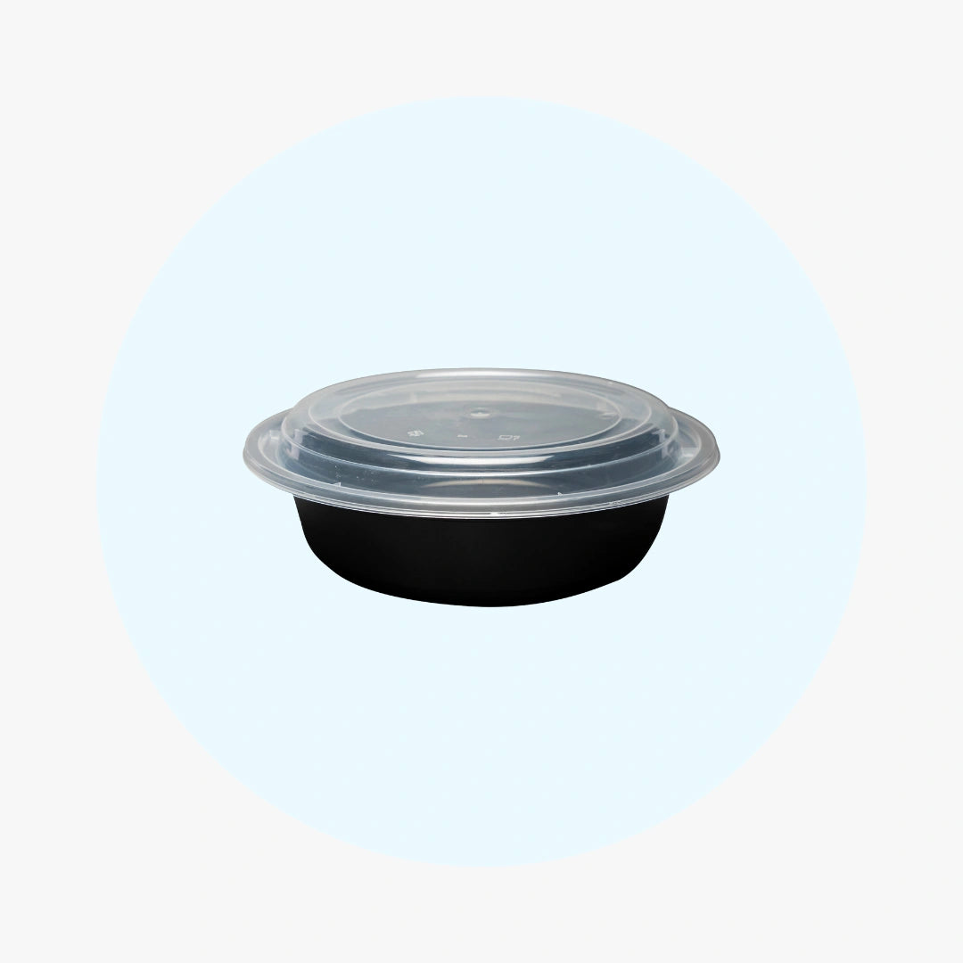 Black Round Microwavable Medium Weight Container with Lid 24 oz