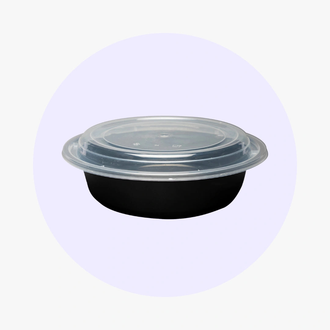 Black Round Microwavable Medium Weight Container with Lid | 32 oz