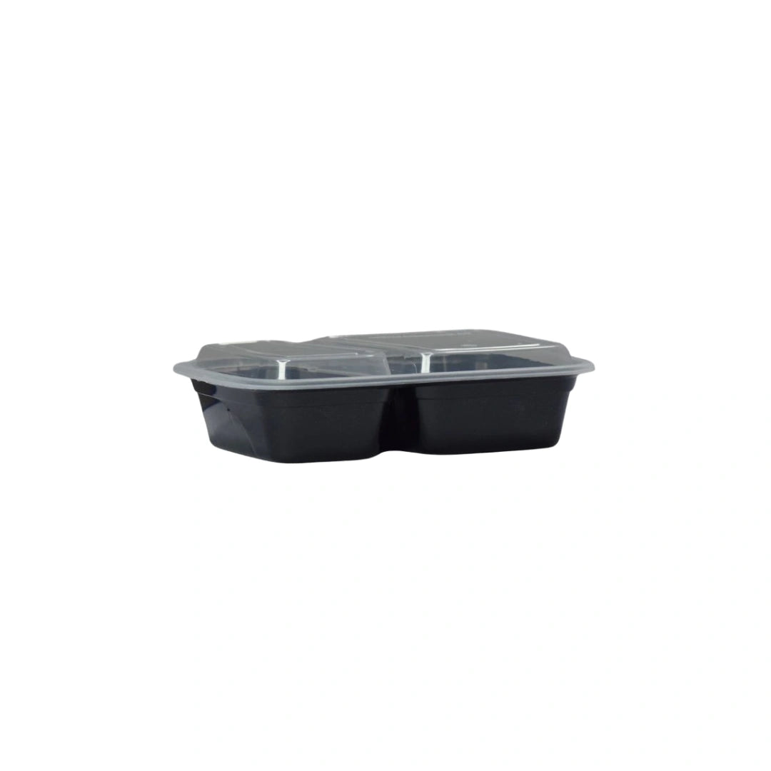 Black Rectangle 2 Compartment Microwavable Heavy Weight Container with Lid | 32 oz