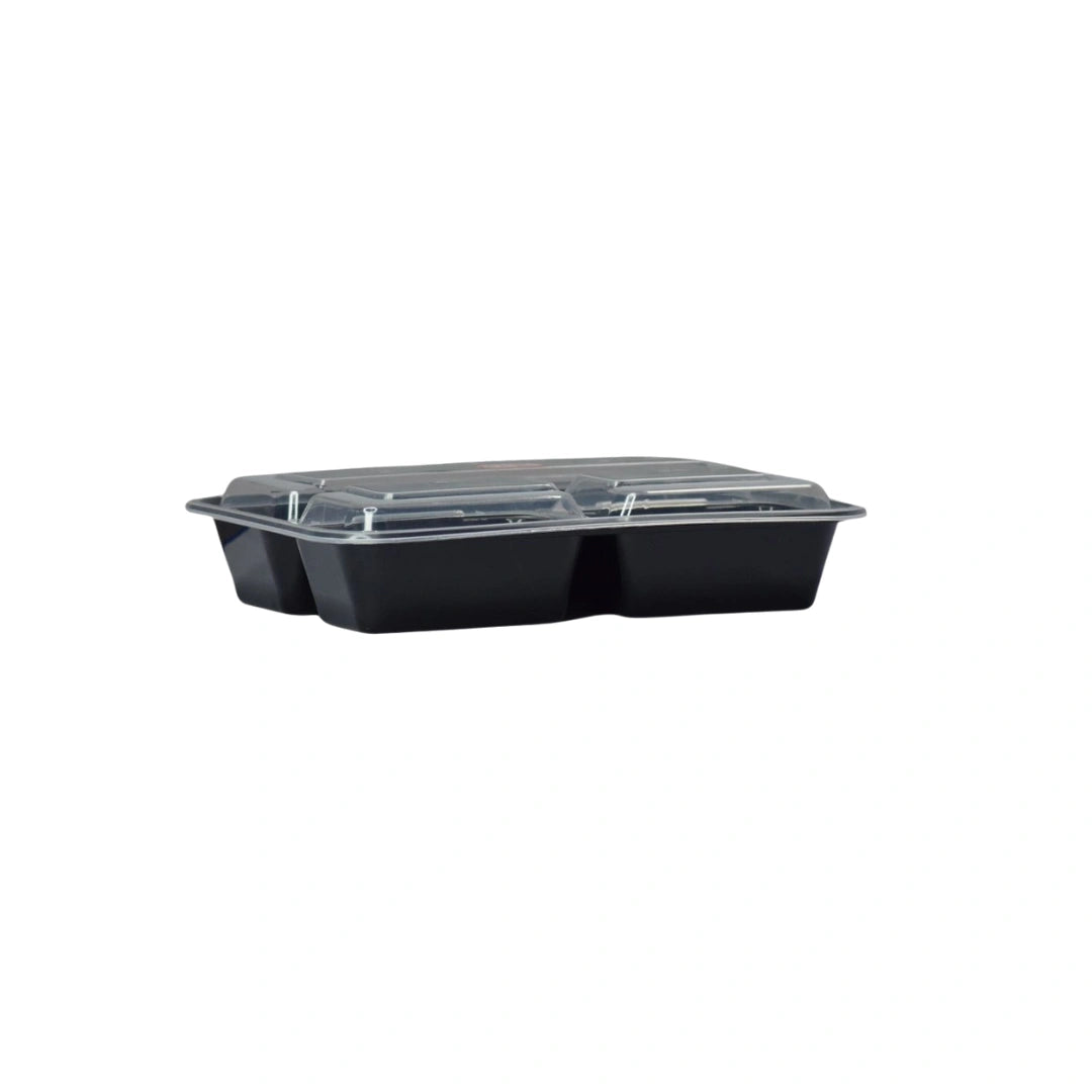 Black Rectangle 3 Compartment Microwavable Heavy Weight Container with Lid | 32 oz