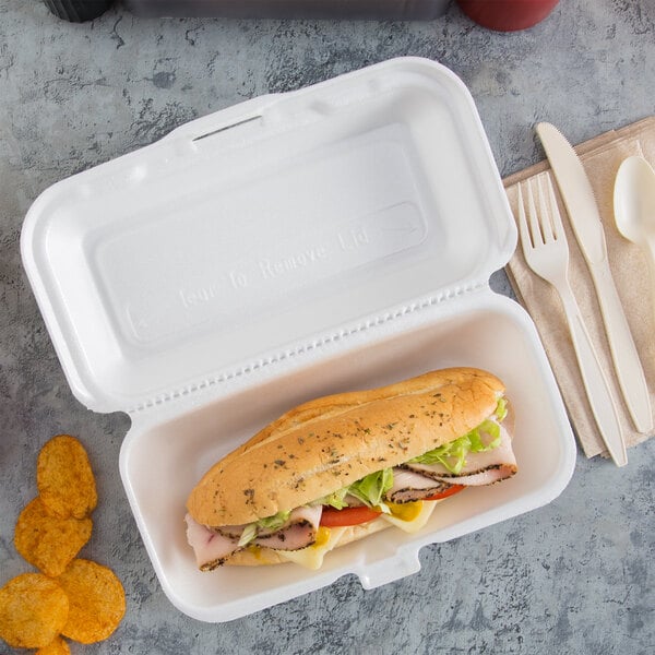 Dart 99HT1R 10" x 5 1/4" x 3" White Foam Hoagie Take Out Container with Perforated Hinged Lid - 500/Case