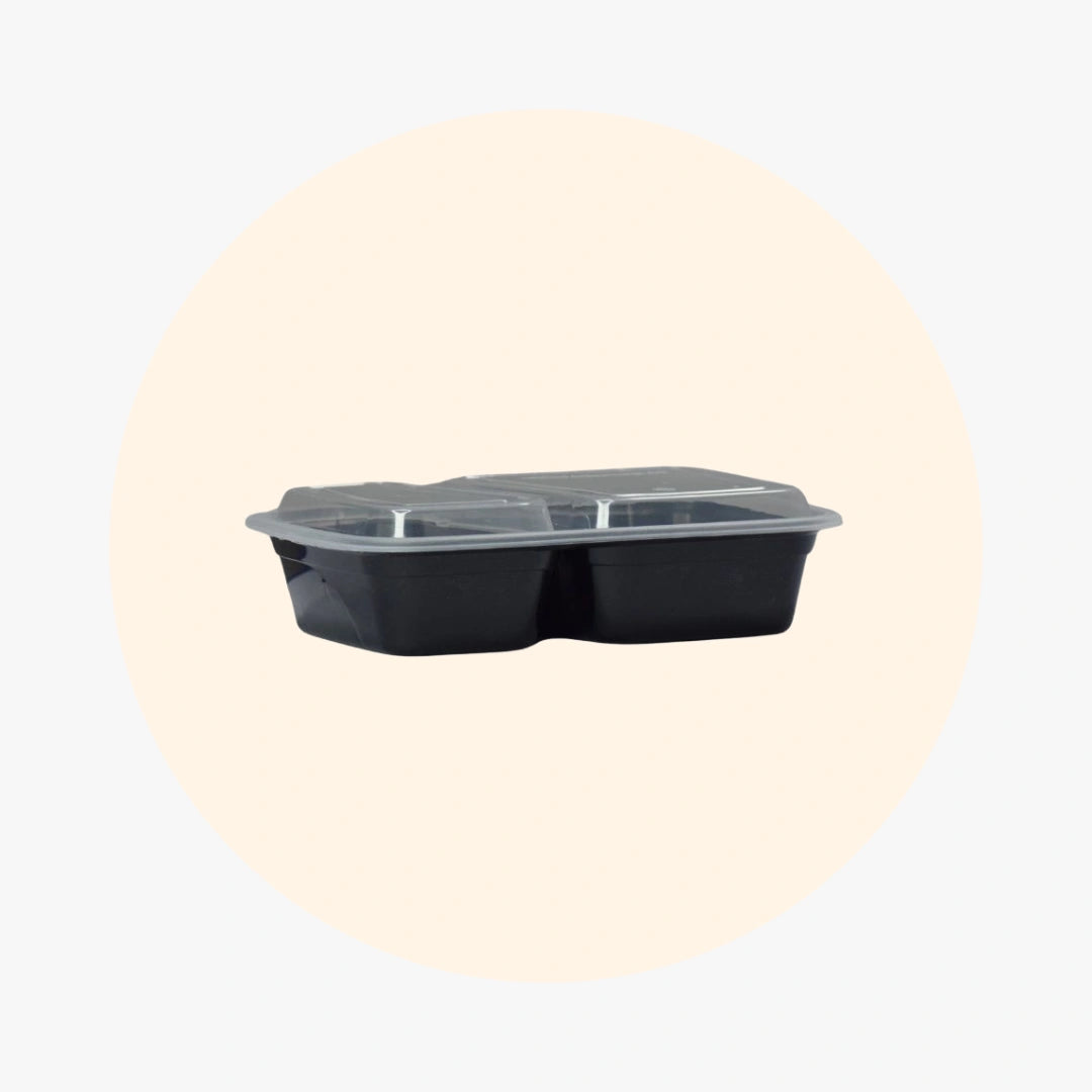 Black Rectangle 2 Compartment Microwavable Heavy Weight Container with Lid | 32 oz