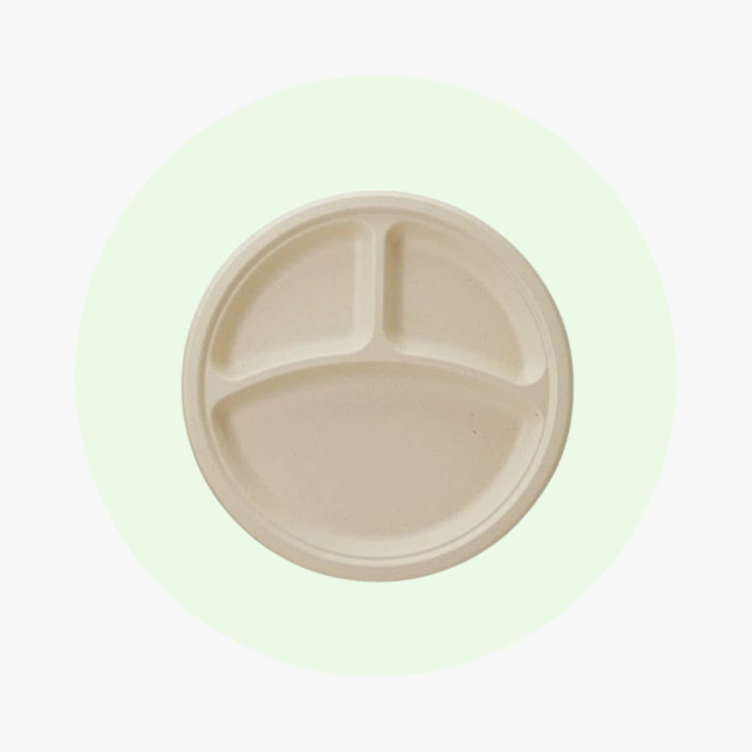 Compostable Sugarcane / Bagasse 9" Plate 3 Compartment