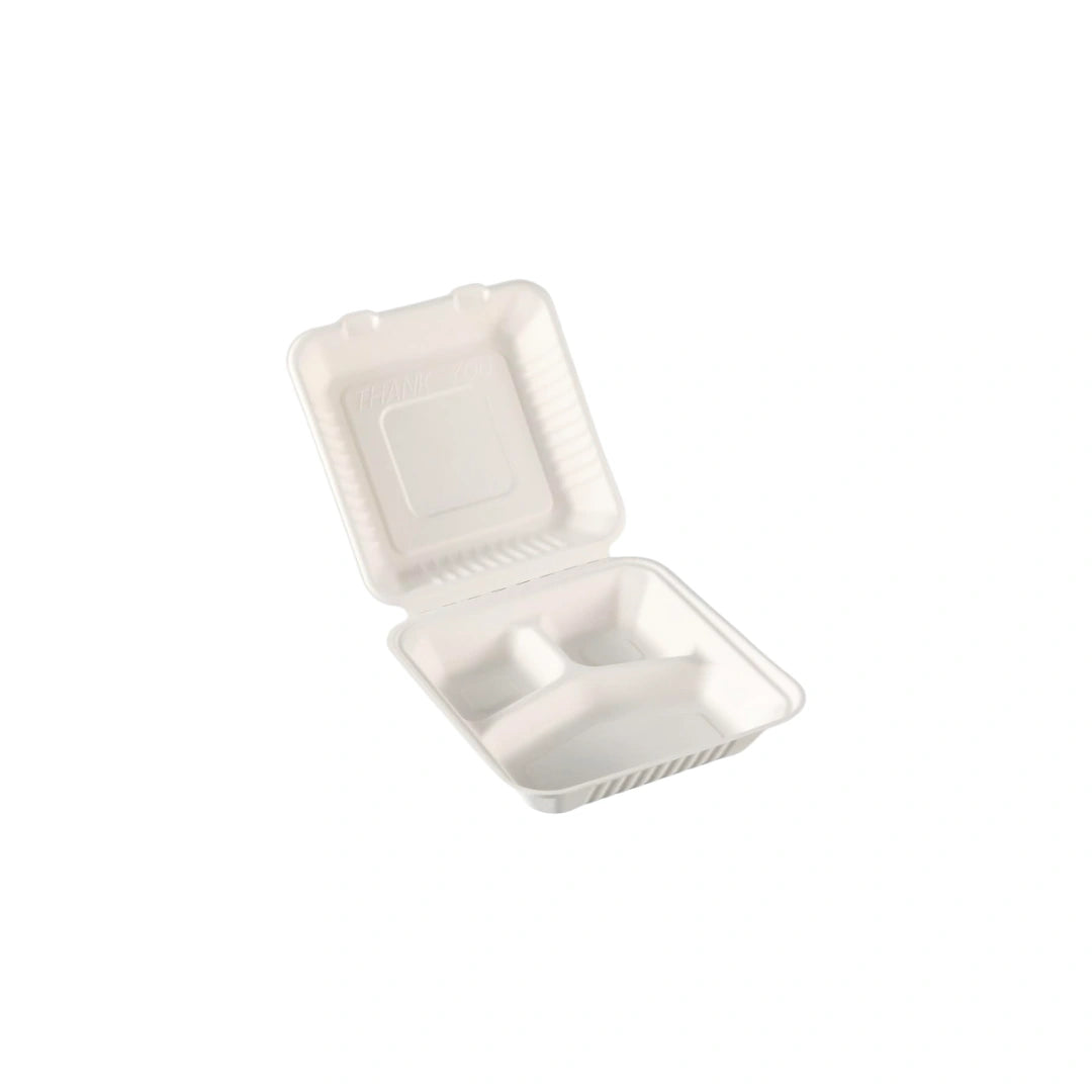 8" x 8" x 3" No PFAS Added Natural Bagasse Blend Take-Out Container Three Compartment