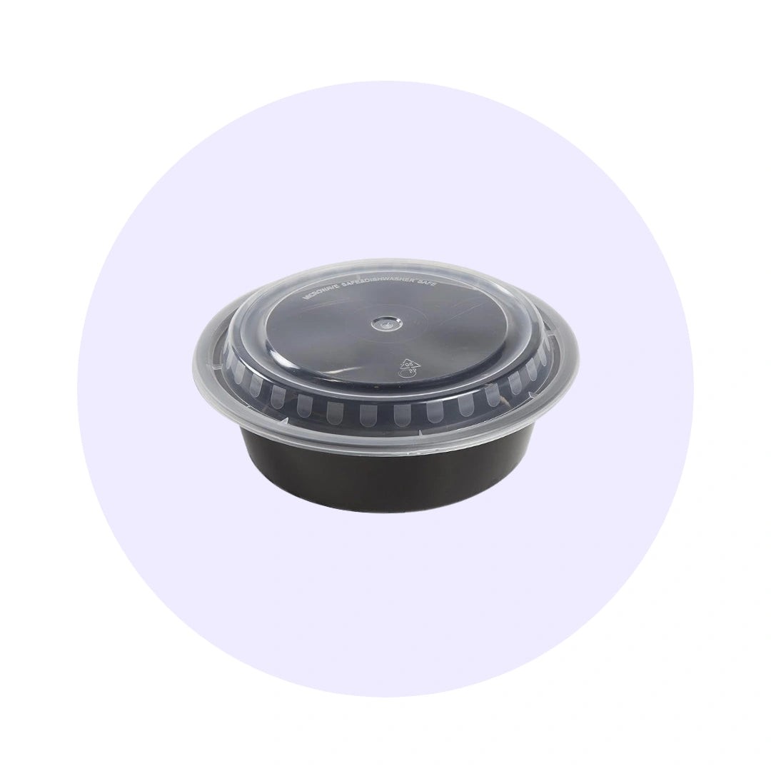 Black Round Microwavable Medium Weight Container with Lid | 32 oz