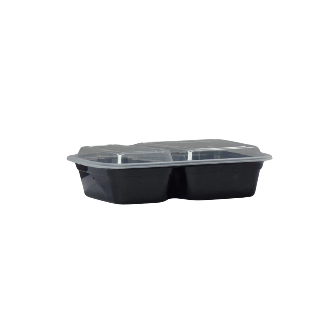 Black Rectangle 2 Compartment Microwavable Medium Weight Container with Lid | 32 oz