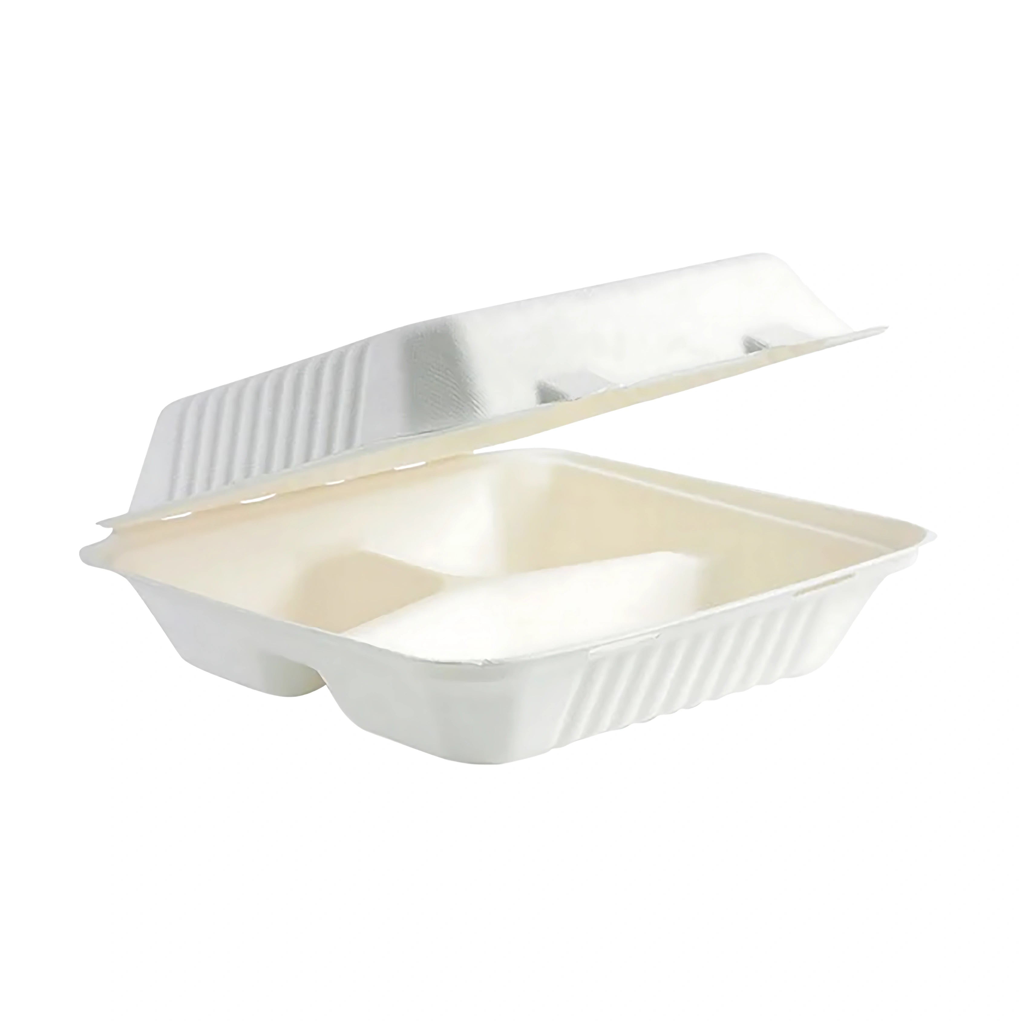 9" x 9" x 3" No PFAS Added Natural Bagasse Blend Take-Out Container Three Compartment