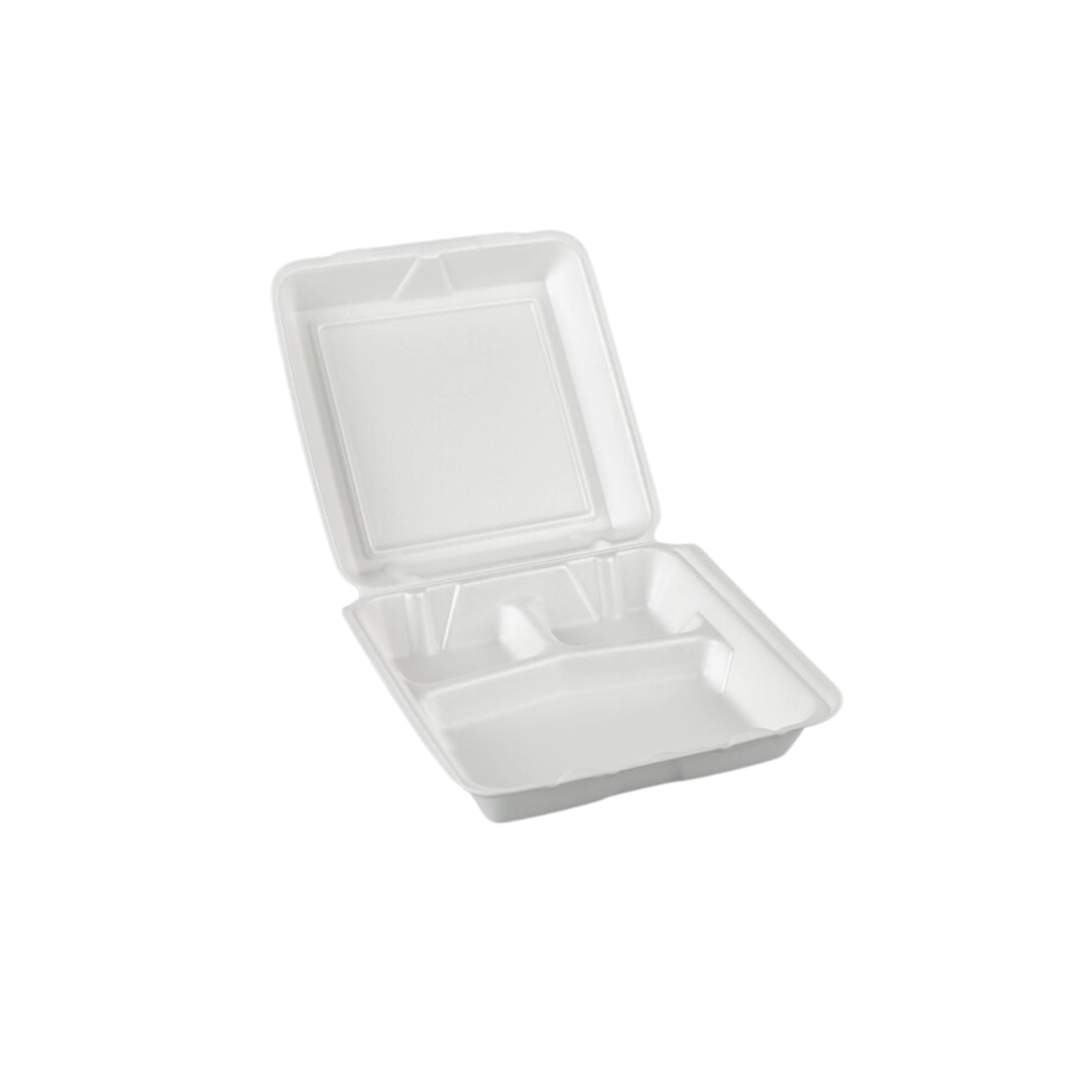 Dart 95HT3R 9 1/2" x 9" x 3" White Foam Three-Compartment Square Take Out Container with Hinged Lid | 9.5"x9.5"