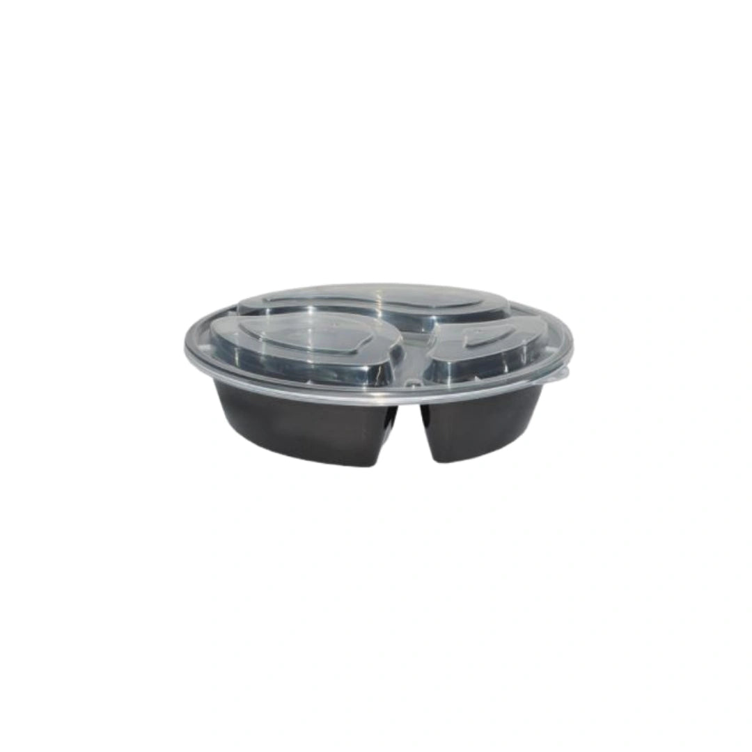 Black Round 3 Compartment Microwavable Heavy Weight Container with Lid | 32 oz