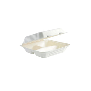 9" x 9" x 3" No PFAS Added Natural Bagasse Blend Take-Out Container Three Compartment